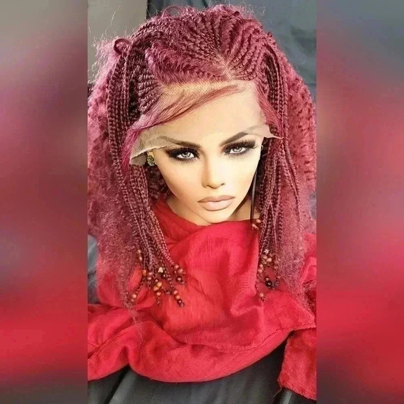 YAMA Handmade Red Braided Wig | Bold Afro Bob | Full Lace | Ships Fast đźšš - Picture 4 of 17